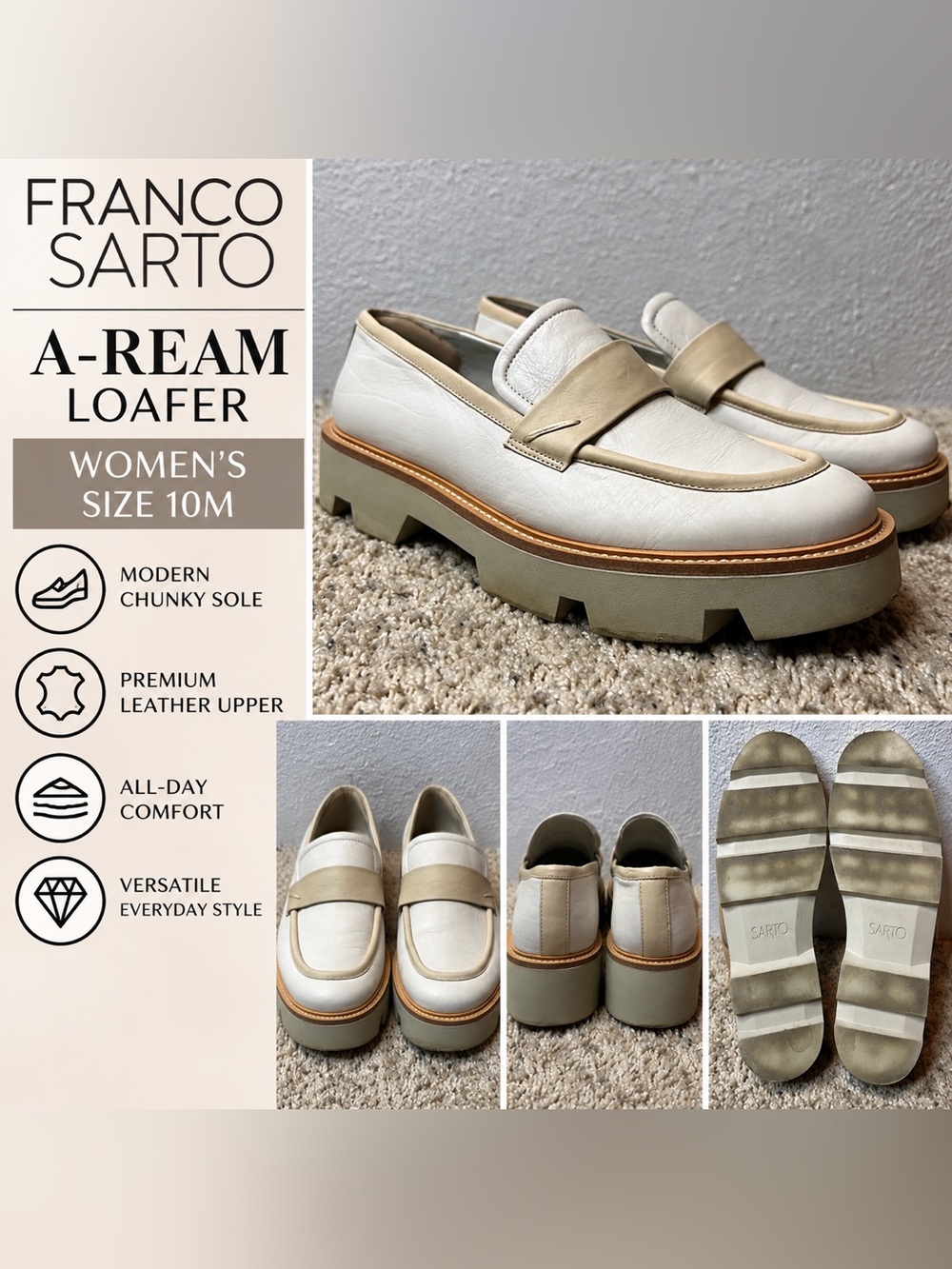 Franco Sarto A-Ream Platform Loafers Women’s 10M Putty Leather Chunky Lug Sole